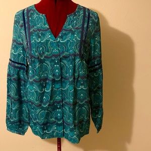 St. John’s Bay Size S blue printed long sleeve buttoned down V neck NWT blouse